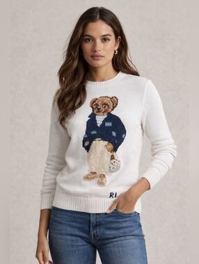 Ralph Lauren White Crewneck Sweater with Polo Bear Motif